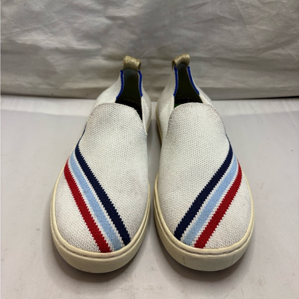 Rothy's White Slip-On Sneakers with Red and Blue stripe Accents 1